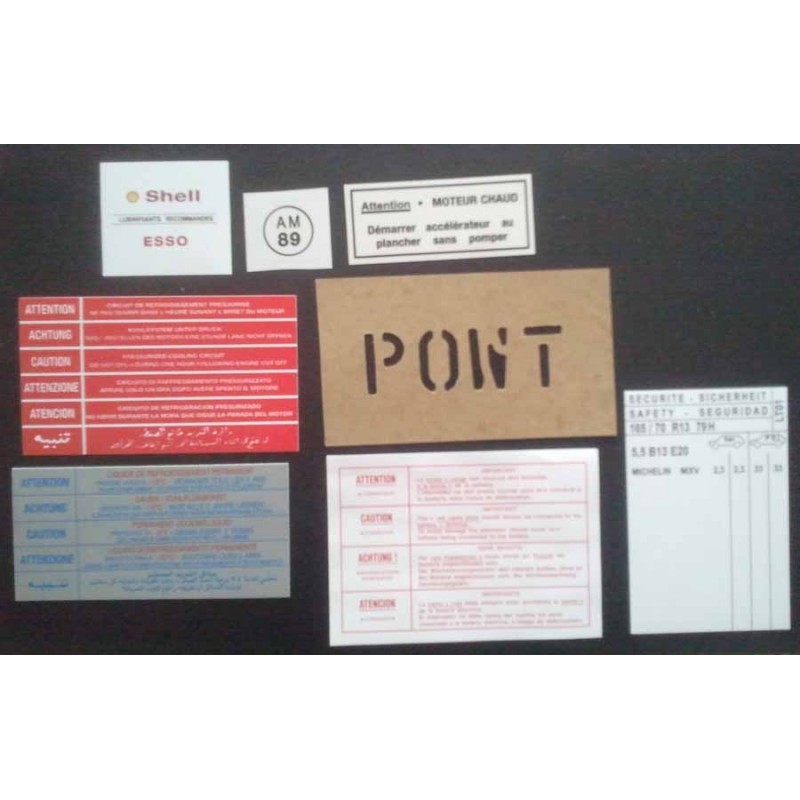 Autocollants compartiment moteur+ Pression pneus. Préciser l'année millésime