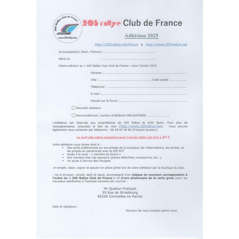 Adhésion au 205 RCF 2025