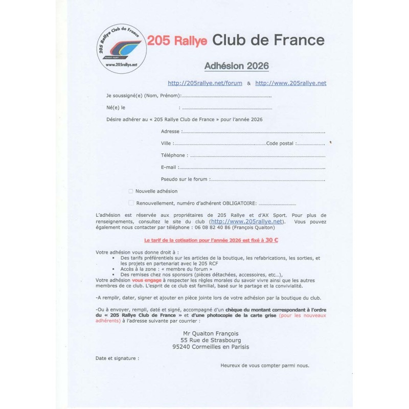 Adhésion au 205 RCF 2026