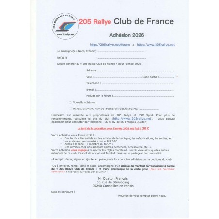 Adhésion au 205 RCF 2026